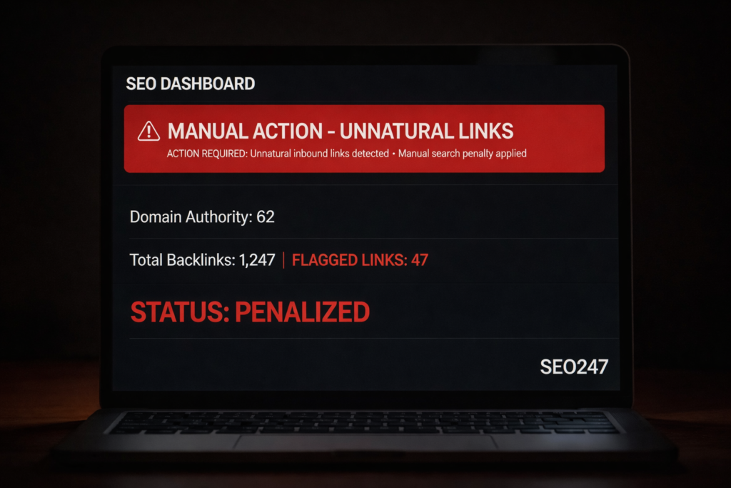 Hình ảnh minh họa cảnh báo Manual Action từ Google khi website bị phạt do backlink không tự nhiên, thường xảy ra khi không audit backlink định kỳ.