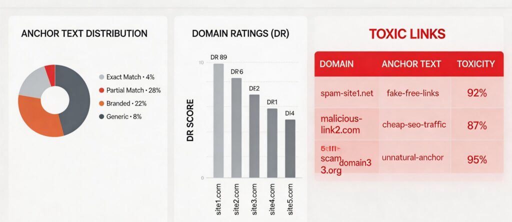 Hình ảnh mô tả quá trình audit backlink bằng công cụ SEO như Ahrefs hoặc SEMrush để phân tích chất lượng liên kết.