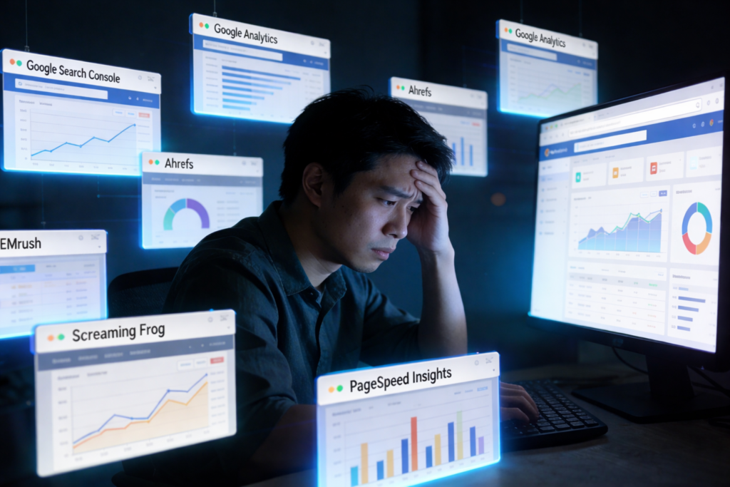 Hình ảnh mô tả người làm SEO làm việc lúc 3 giờ sáng với nhiều công cụ audit website như Google Search Console, Ahrefs, SEMrush gây hoang mang.