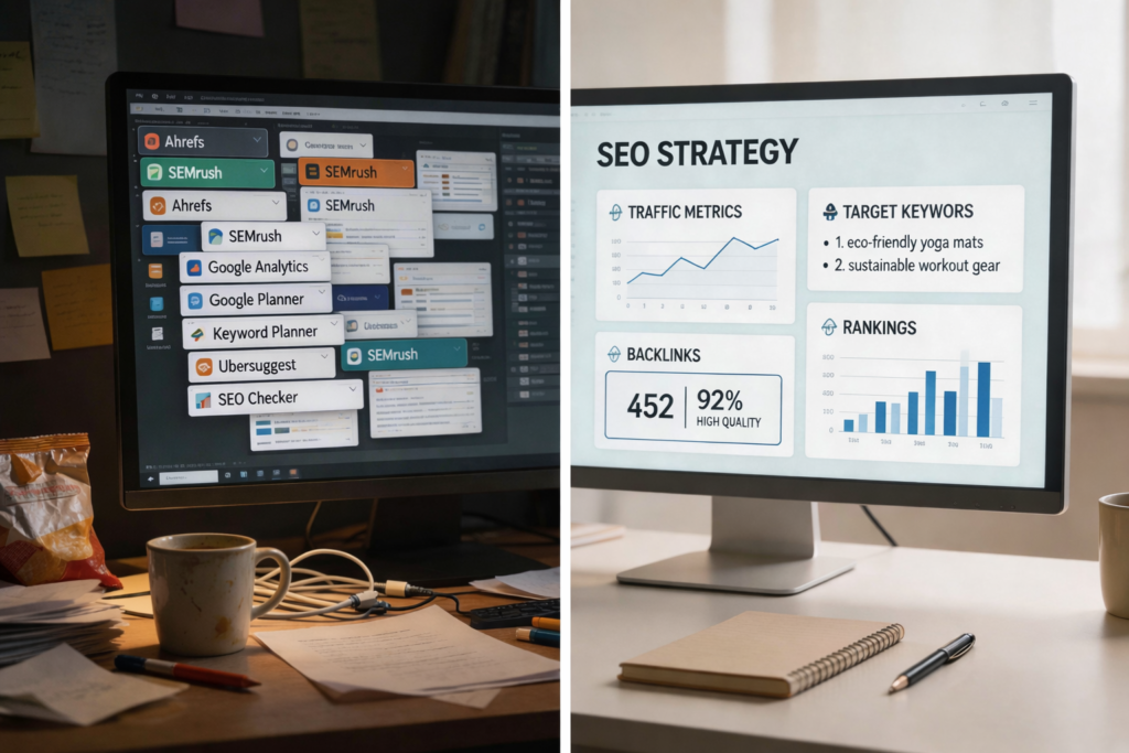 Hình ảnh so sánh trước và sau khi có chiến lược sử dụng công cụ audit website trong SEO.