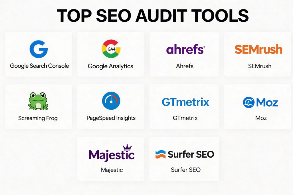 Hình ảnh tổng hợp các công cụ audit website phổ biến như Google Search Console, Ahrefs, SEMrush, Screaming Frog.