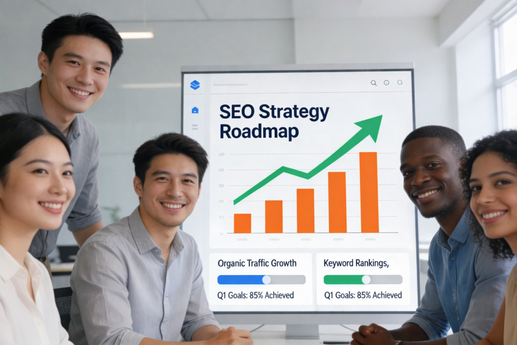 Hình ảnh minh họa quy trình audit website chuẩn SEO từ kiểm tra index, onpage, tốc độ đến backlink.