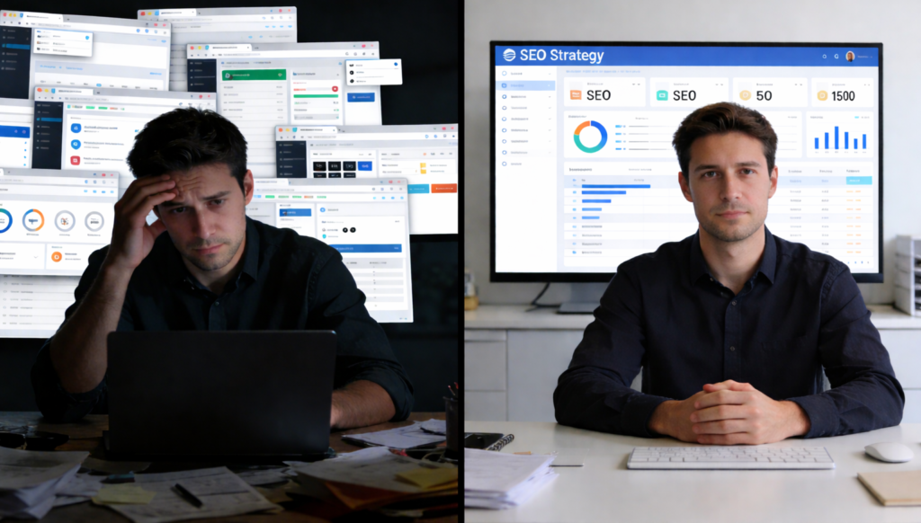 Hình ảnh minh họa tình trạng quá tải dữ liệu từ các công cụ SEO và audit website khiến người dùng không biết xử lý như thế nào.