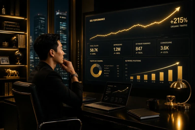 Dashboard SEO tăng trưởng mạnh với thứ hạng và traffic cải thiện