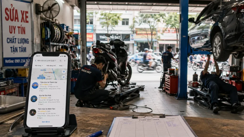 Tiệm sửa xe chứng minh không có ảnh sản phẩm vẫn SEO Google Map được