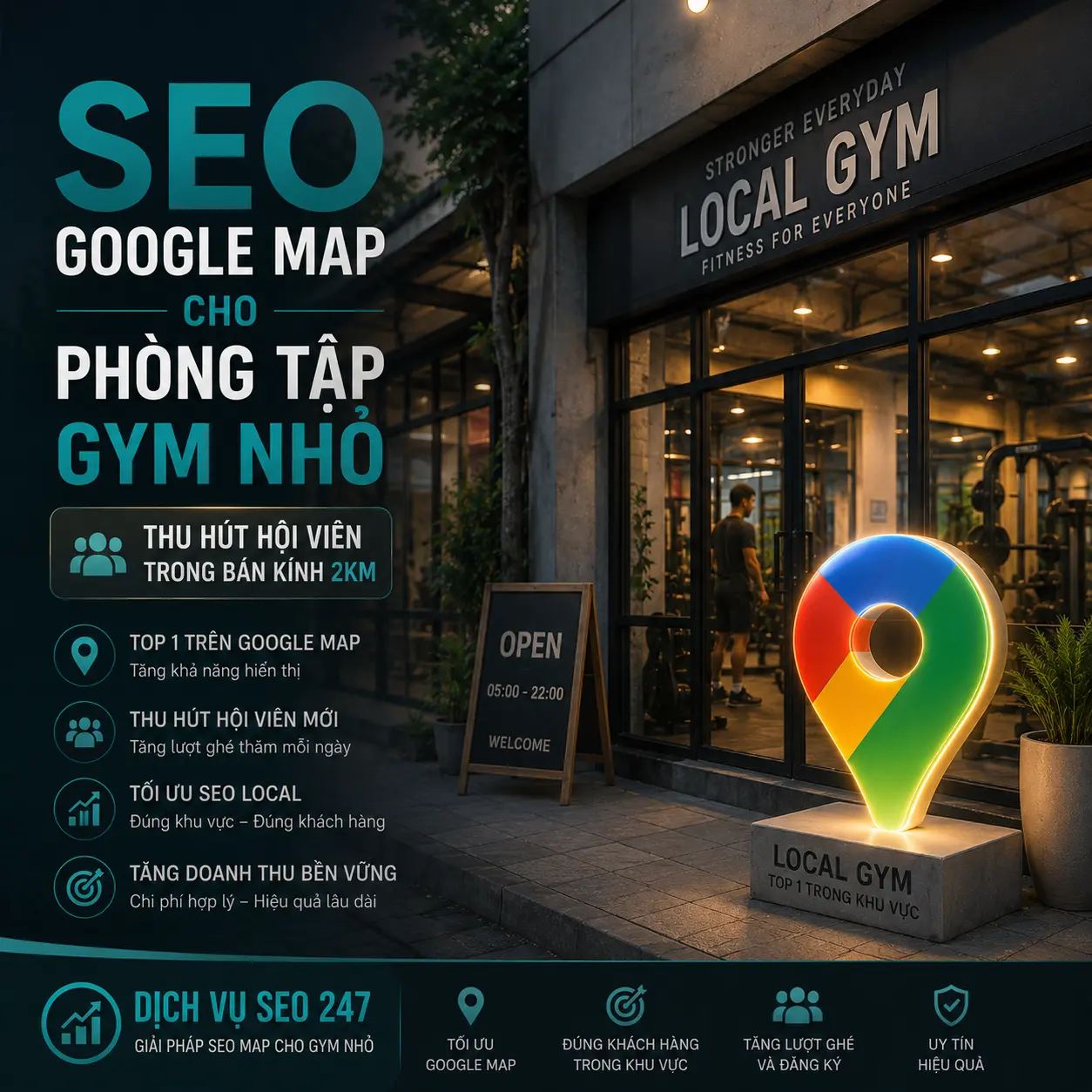 SEO Google Map Cho Phòng Tập Gym Nhỏ – Chiến Lược Thu Hút Hội Viên Trong Bán Kính 2km